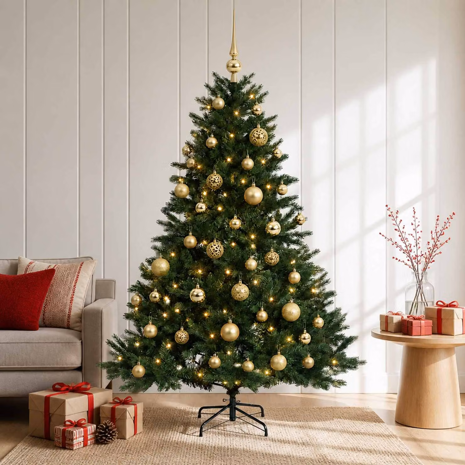 Albero di Natale artificiale verde vidaXL con 150 LED luce bianca calda e decorazioni con palline in PVC e metallo