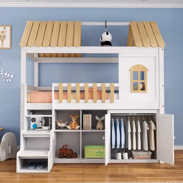 Letto a soppalco per bambini 90 × 200 cm con armadio, mensole e scala con vano, senza materasso, bianco e naturale