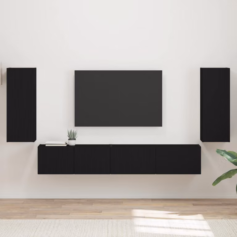Set mobile TV moderno vidaXL in 4 pezzi, colore nero, legno ingegnerizzato e MDF, montaggio a parete