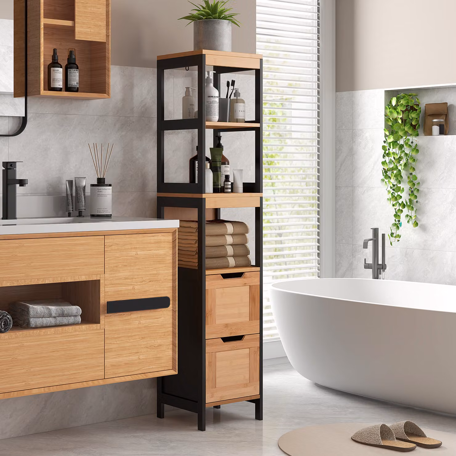 Colonna bagno Kleankin in legno MDF e bambù con 2 cassetti e 3 vani aperti, L/P/H: 30 x 30 x 144.3 cm, Colore marrone e nero – 2