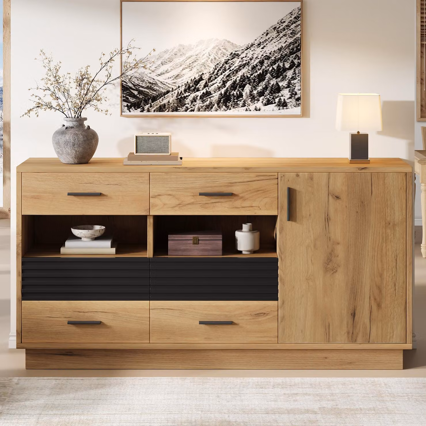 Mobile contenitore laterale Merax con 6 cassetti e 1 anta, armadio per soggiorno con 12 scomparti, mobile contenitore con chiusura ammortizzata, in MDF, effetto legno nero