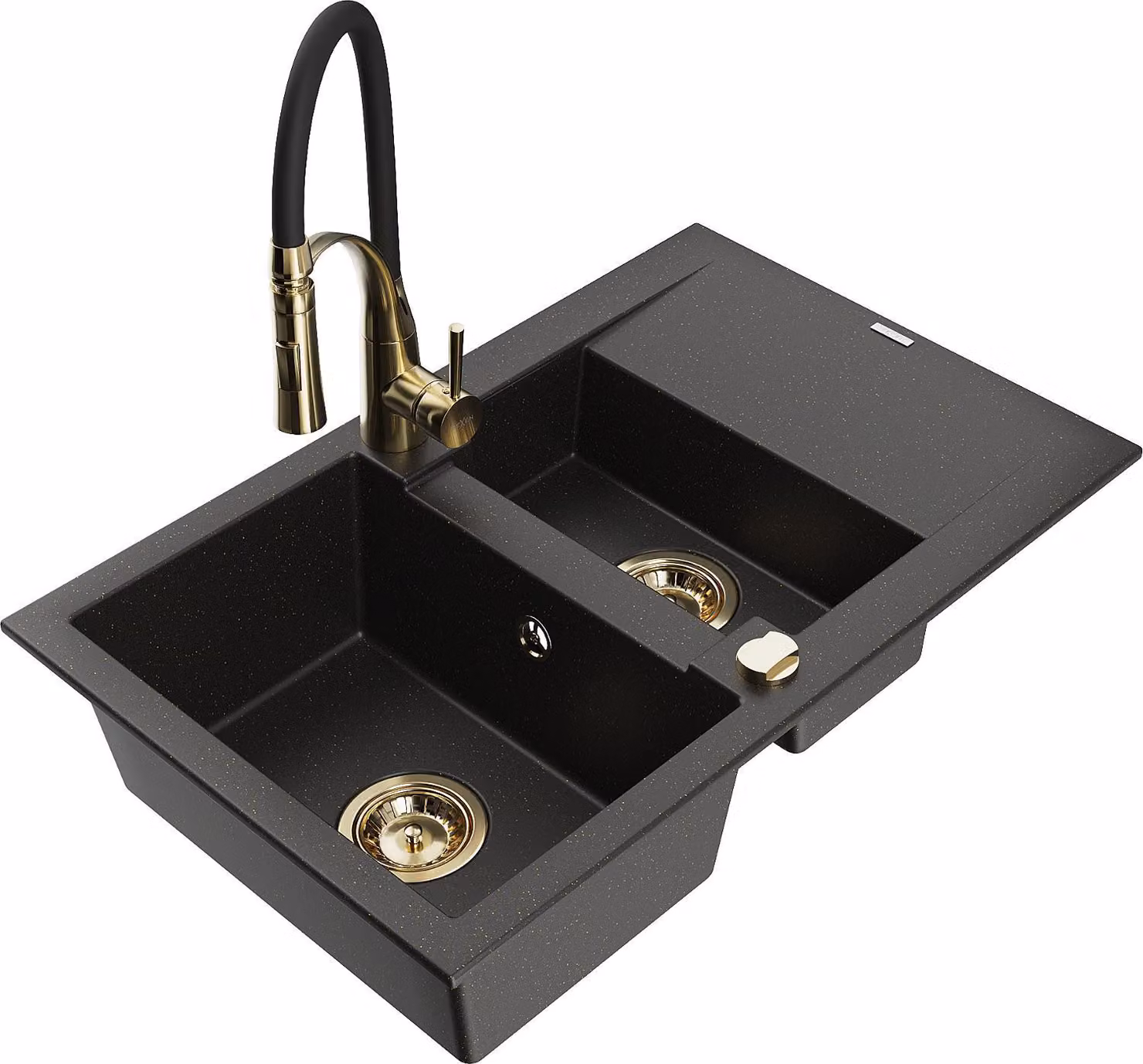 Mexen Gaspar lavello in granito 1,5 vasche con scolapiatti e rubinetto da cucina Aster, nero/oro metallico - 6507-75-73450-57-G