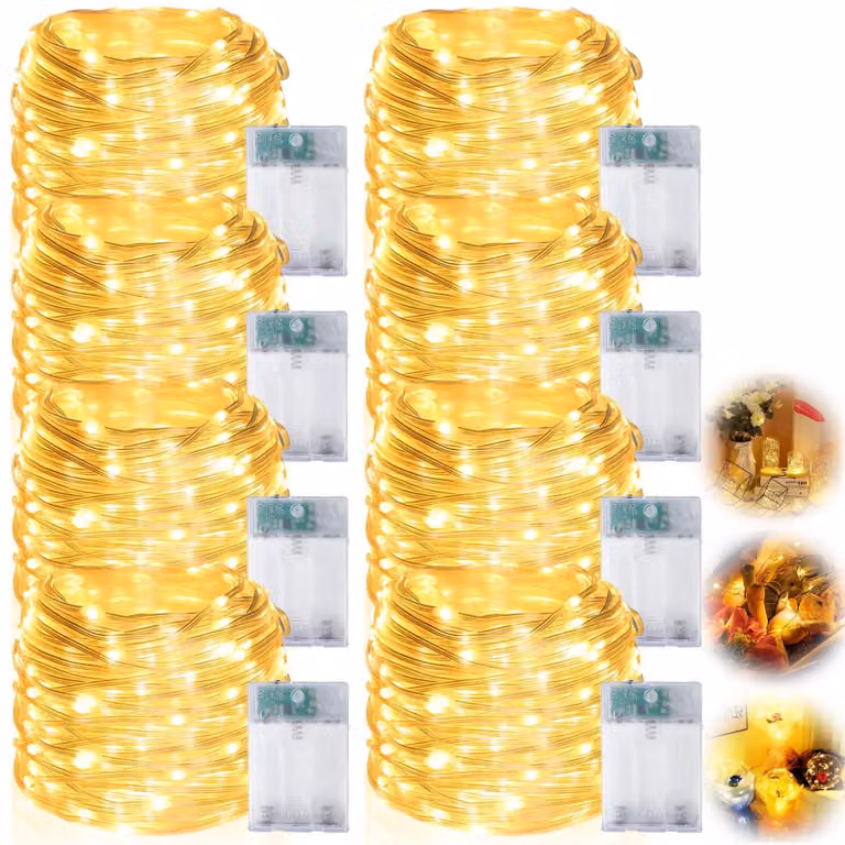 Catena luminosa a LED, set da 8, lunghezza 5 metri, 50 LED, luce bianco caldo, filo di rame
