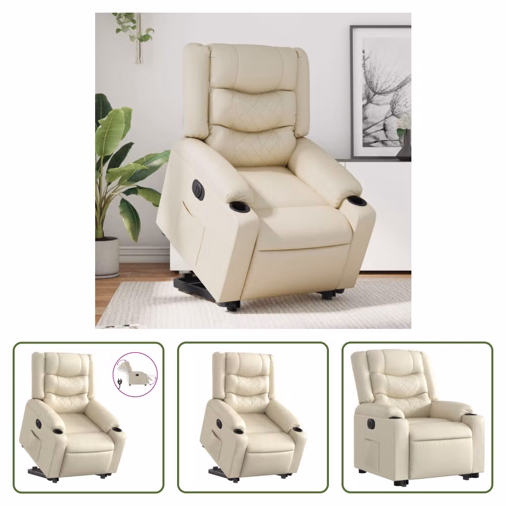 The Living Store Poltrona relax con supporto elettrico in Pelle finta color crema