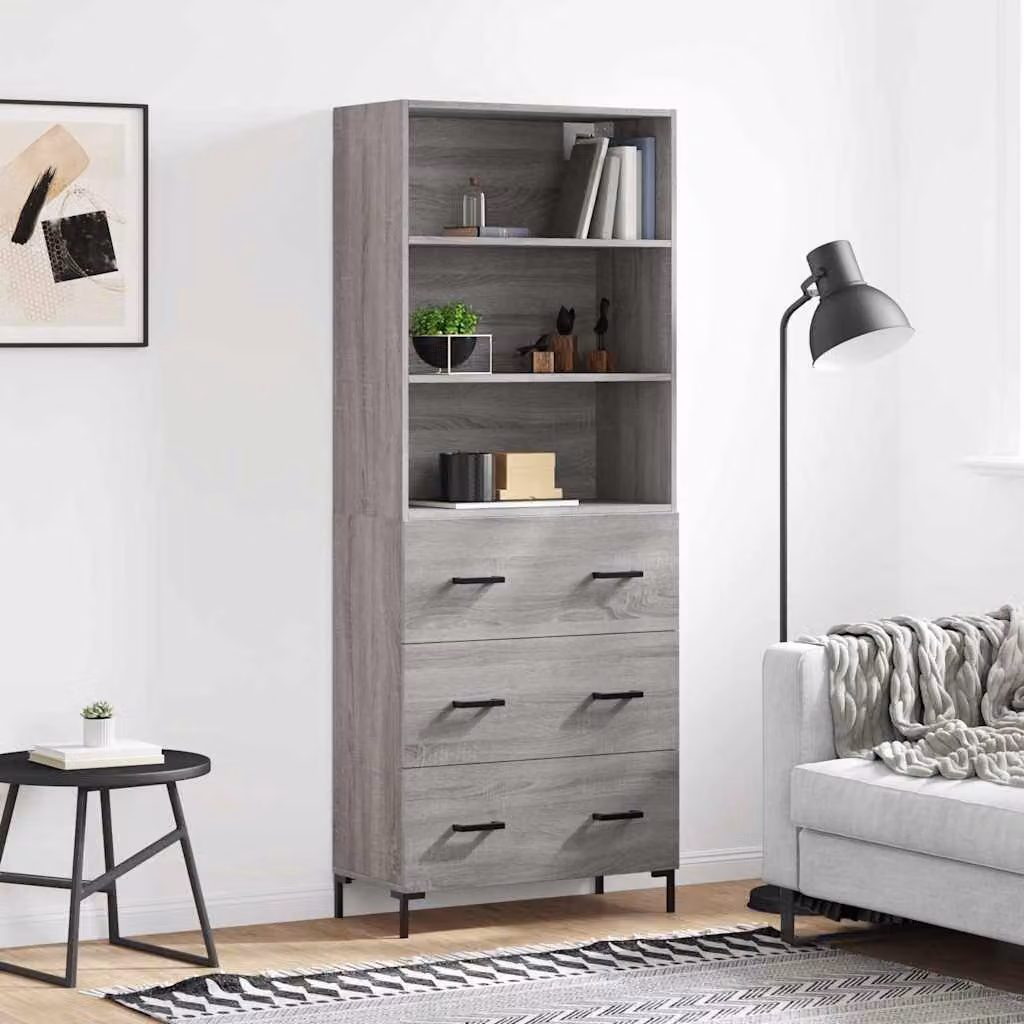 Credenza moderna vidaXL in legno multistrato e metallo, colore Grigio Sonoma, L: 69,5 cm, P: 34 cm, H: 180 cm