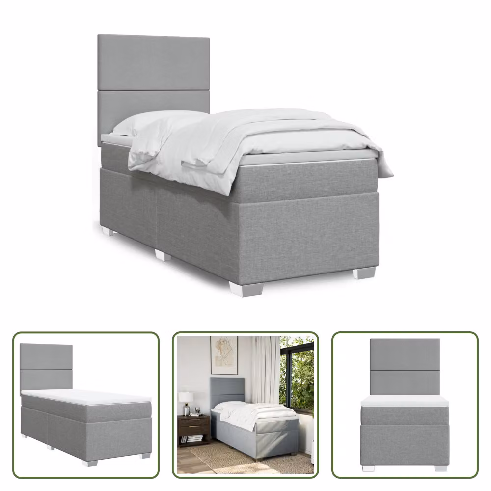 The Living Store Letto a molle con materasso grigio chiaro 90x190 cm in tessuto