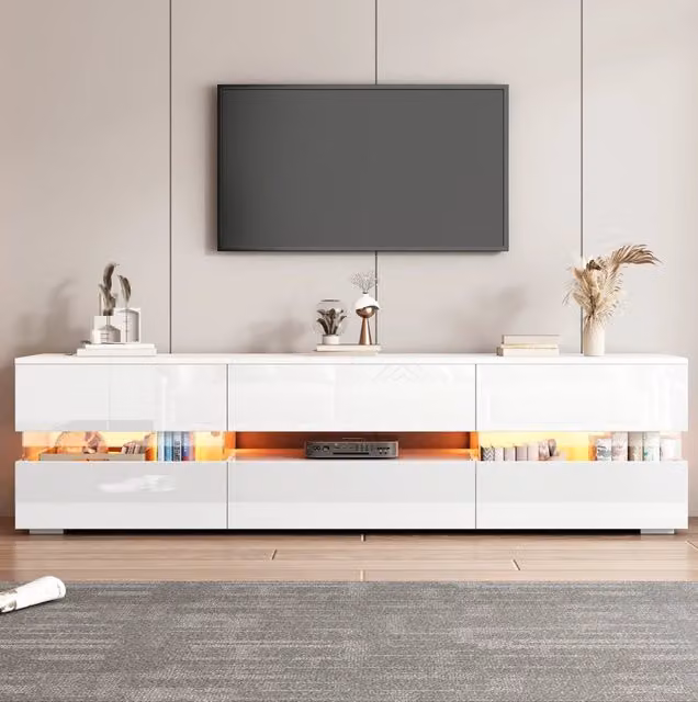 Mobile TV bianco lucido con LED 160x39x45 cm, 2 ante con inserti in acrilico, 1 cassetto, ripiano aperto, adatto a TV fino a 70 pollici