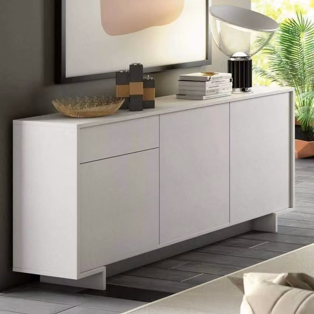 Credenza Aronne DMORA, Madia e Buffet da soggiorno con 3 ante e 1 cassetto, Bianco, L: 170 cm, P: 42 cm, H: 78 cm