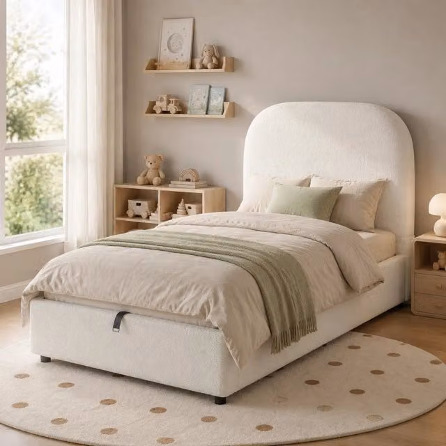 Letto imbottito per bambini con contenitore idraulico; rete a doghe; bouclé beige