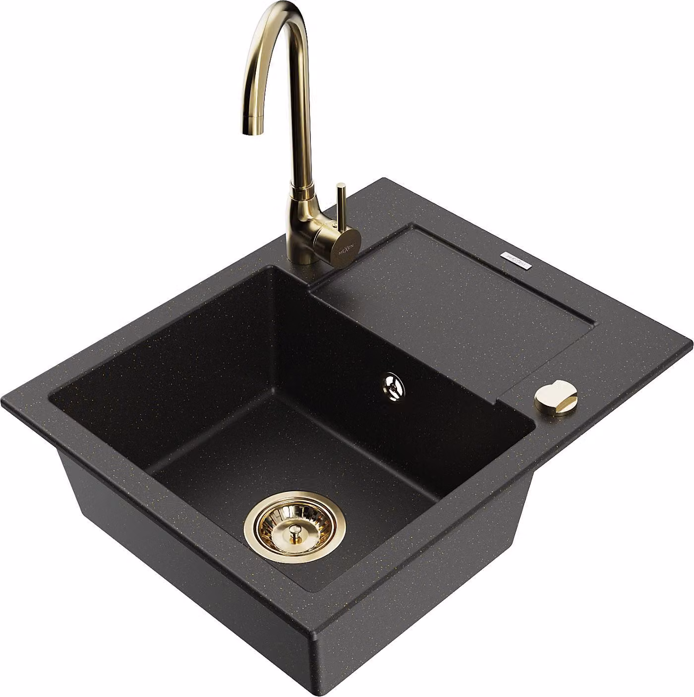 Mexen Enzo lavello in granito a 1 vasca con scolapiatti e rubinetto da cucina Telma, nero/oro - 6506-75-670200-50