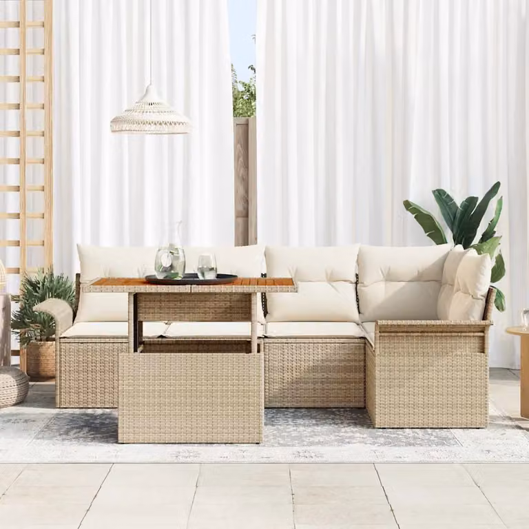 Set Divano da Giardino 6 Pezzi vidaXL in Polyrattan Beige con Cuscini e Tavolino