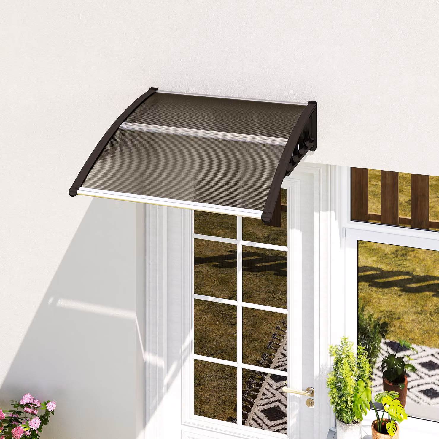 Tettoia da esterno Outsunny in policarbonato marrone per porte e finestre con kit di montaggio L: 100 cm, P: 100 cm, H: 26 cm – 2