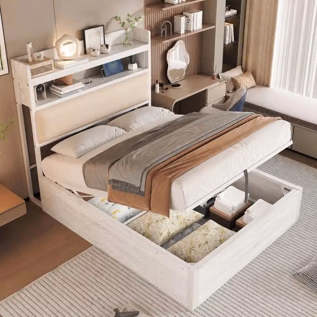 Letto singolo con contenitore idraulico Vovees Living in stile industrial, colore bianco, con testiera imbottita, ripiano laterale e porte USB, L/P/H: 90 x 200 x 112 cm