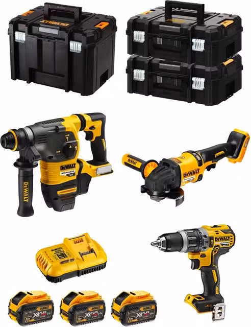 Kit DeWalt FVK381X3-QW 54V/18V con Perforatore DCH333, Avvitatore DCD796, Smerigliatrice DCG418, 3 Batterie da 9,0 Ah, Caricabatterie DCB118 e Contenitori TSTAK II e TSTAK VI Giallo – 1