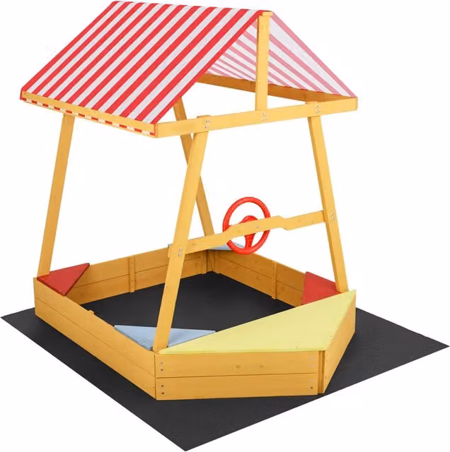 Sabbiera per bambini a forma di barca in legno massello con tetto parasole e panca, multicolore
