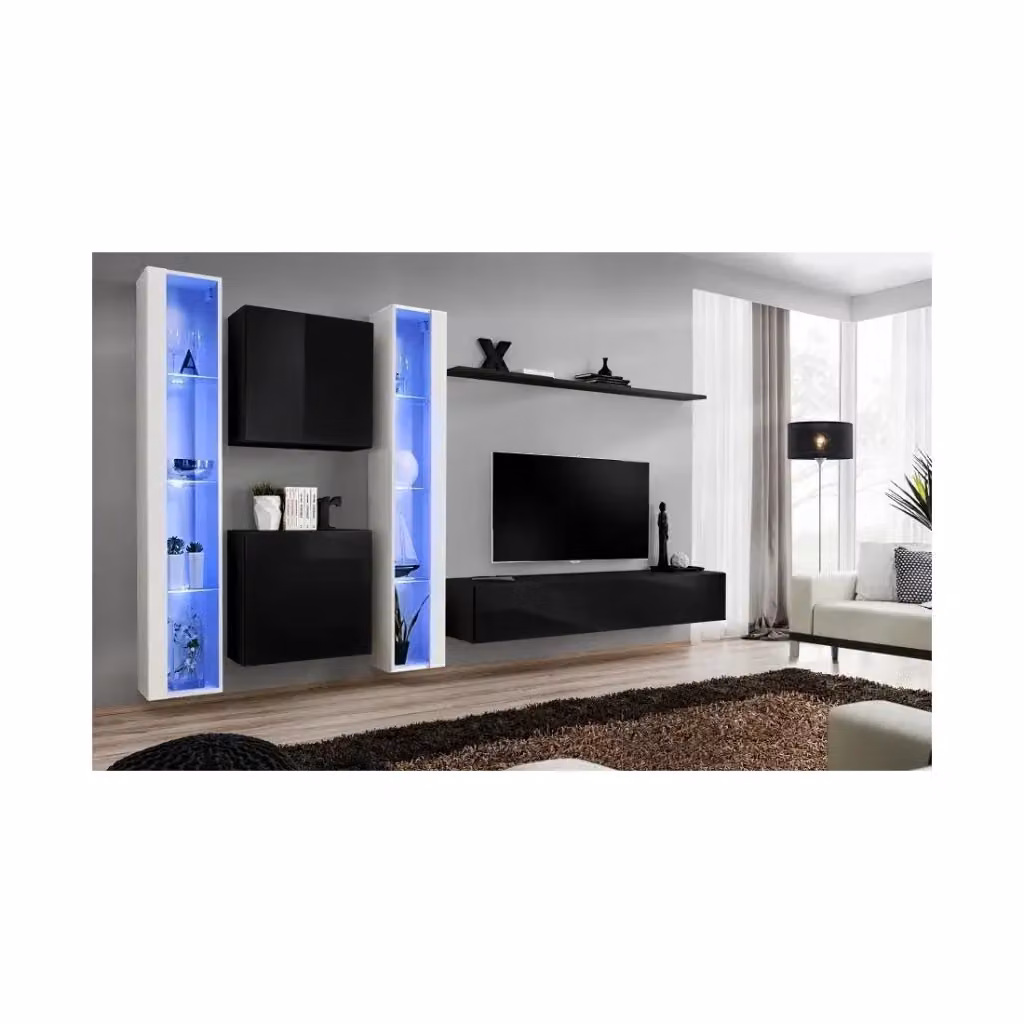 Composizione murale Meublorama SWITCH XVI per soggiorno con mobile TV, vetrine LED, cubi e mensola in MDF e vetro, nero e bianco lucido, L: 330 cm, H: 180 cm, P: 40 cm – 2