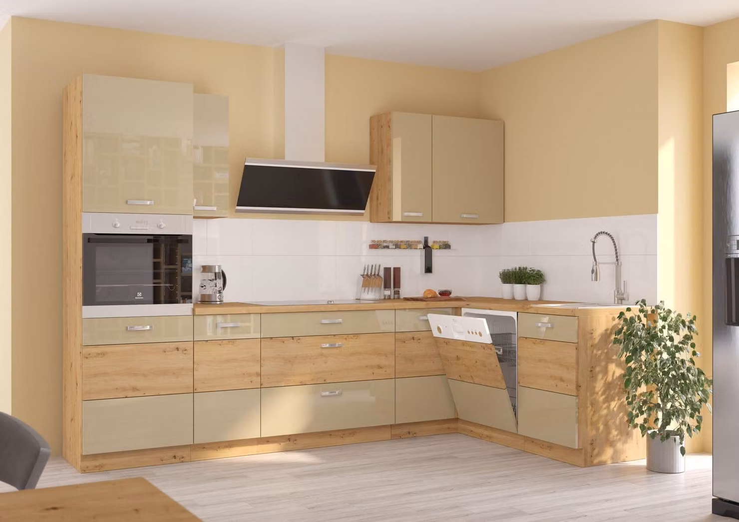 Cucina ad angolo in rovere Artisan Cappuccino, linea cucina, blocco cucina lucido, cucina componibile