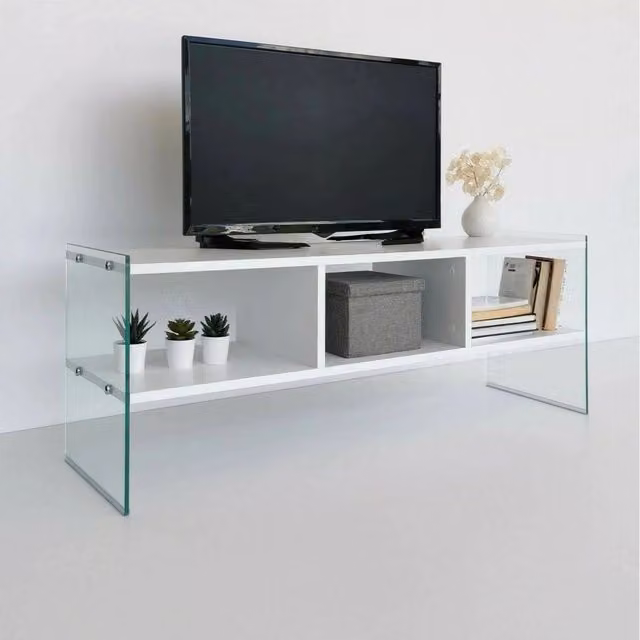 Mobile porta TV Winifred DMORA, Credenza moderna per soggiorno in bianco con dettagli in vetro, L: 120 cm, P: 35 cm, H: 45 cm