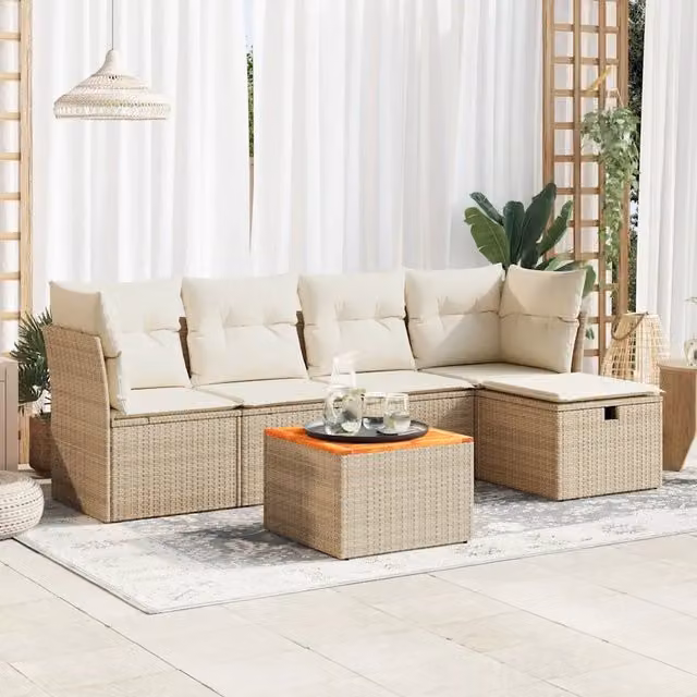 Set Divano da Giardino a L vidaXL in Polyrattan con Cuscini Beige e Tavolino da Esterno 6 Pezzi