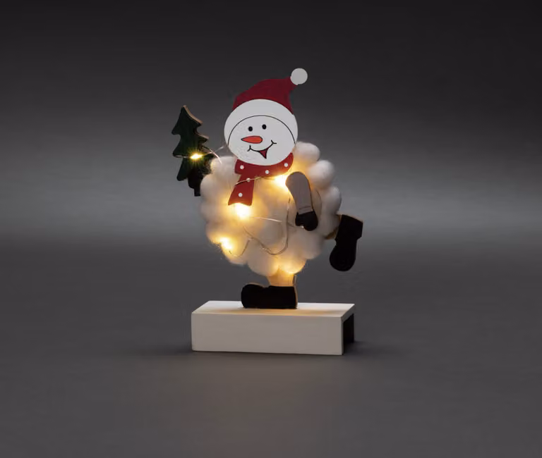 Konstsmide sagoma in legno a LED "Pupazzo di neve con cotone", bianco, timer 6H, 6 diodi bianco caldo, a batteria, per interni, batteria: 2 x AA 1,5V (escl.) - 3268-210
