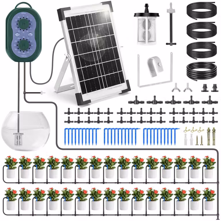 Sistema di irrigazione a goccia - 35 metri - Timer a energia solare - Per 30 piante - Sistema di irrigazione automatica per il giardino