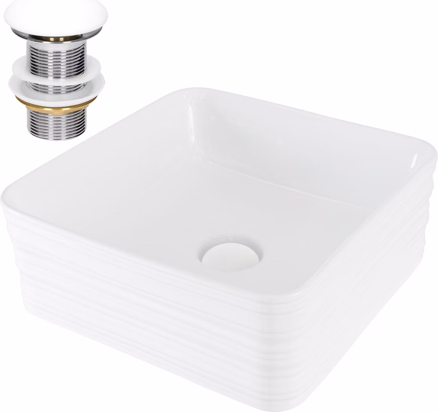 LuxeBath lavabo Lavabo da appoggio quadrato, 39x39x15 cm, bianco, Vetroceramica, incl. set di scarico senza troppopieno