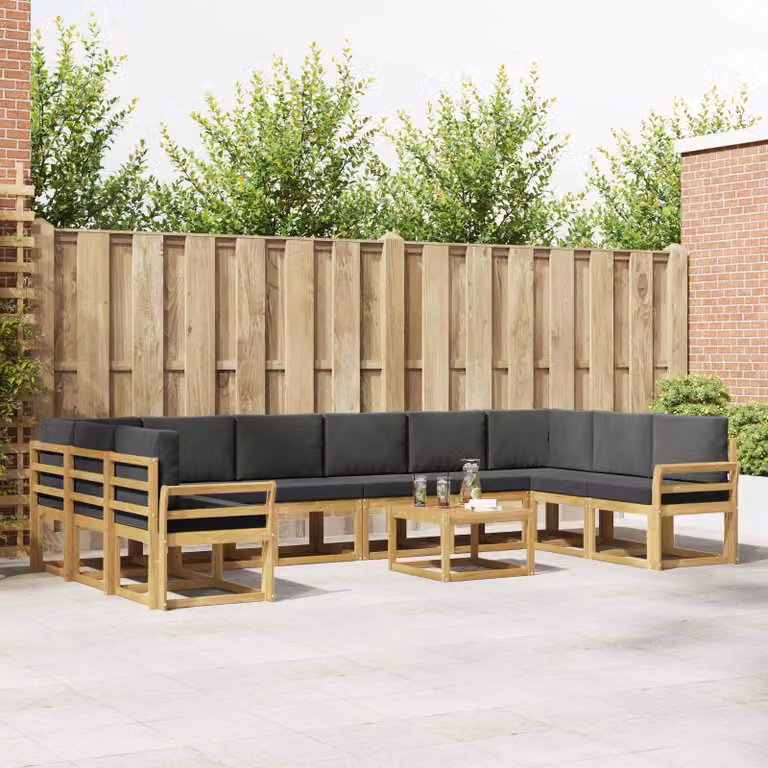 vidaXL Set di divani da esterno a L composto da 11 pezzi in legno di acacia con cuscini, Bianco, Antracite e Marrone