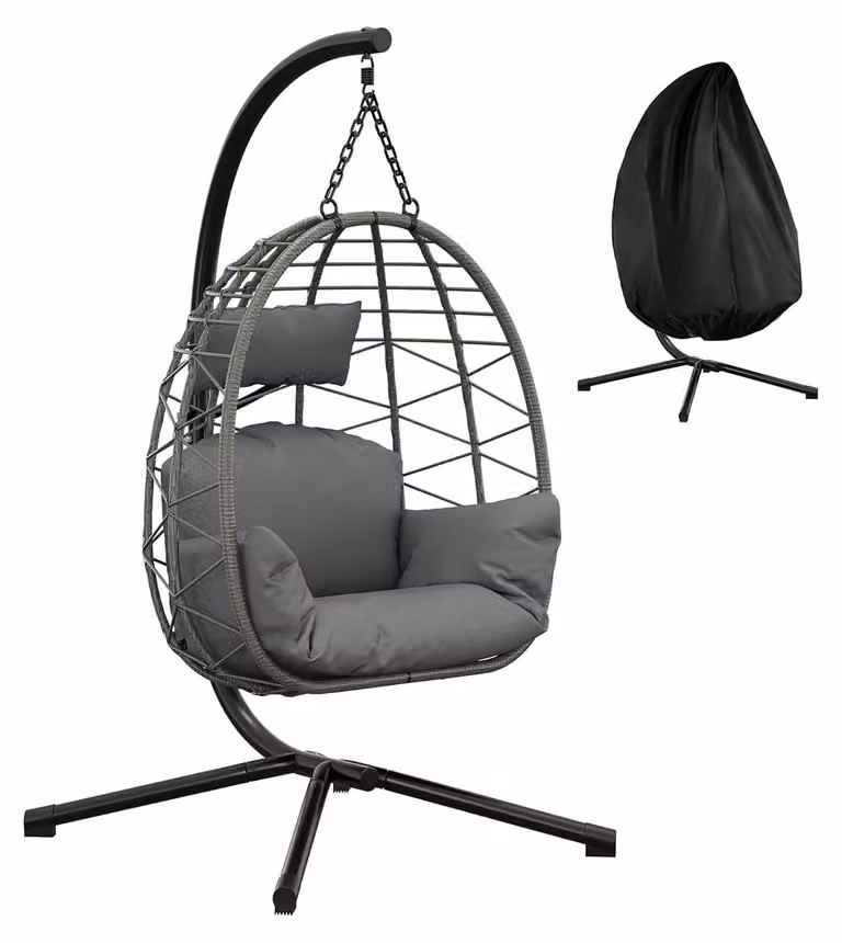 Sedia a dondolo a forma di uovo in rattan - struttura in metallo - cuscino e poggiatesta impermeabili con copertura antipioggia - adatta per interni, esterni, balconi e giardini - colore grigio