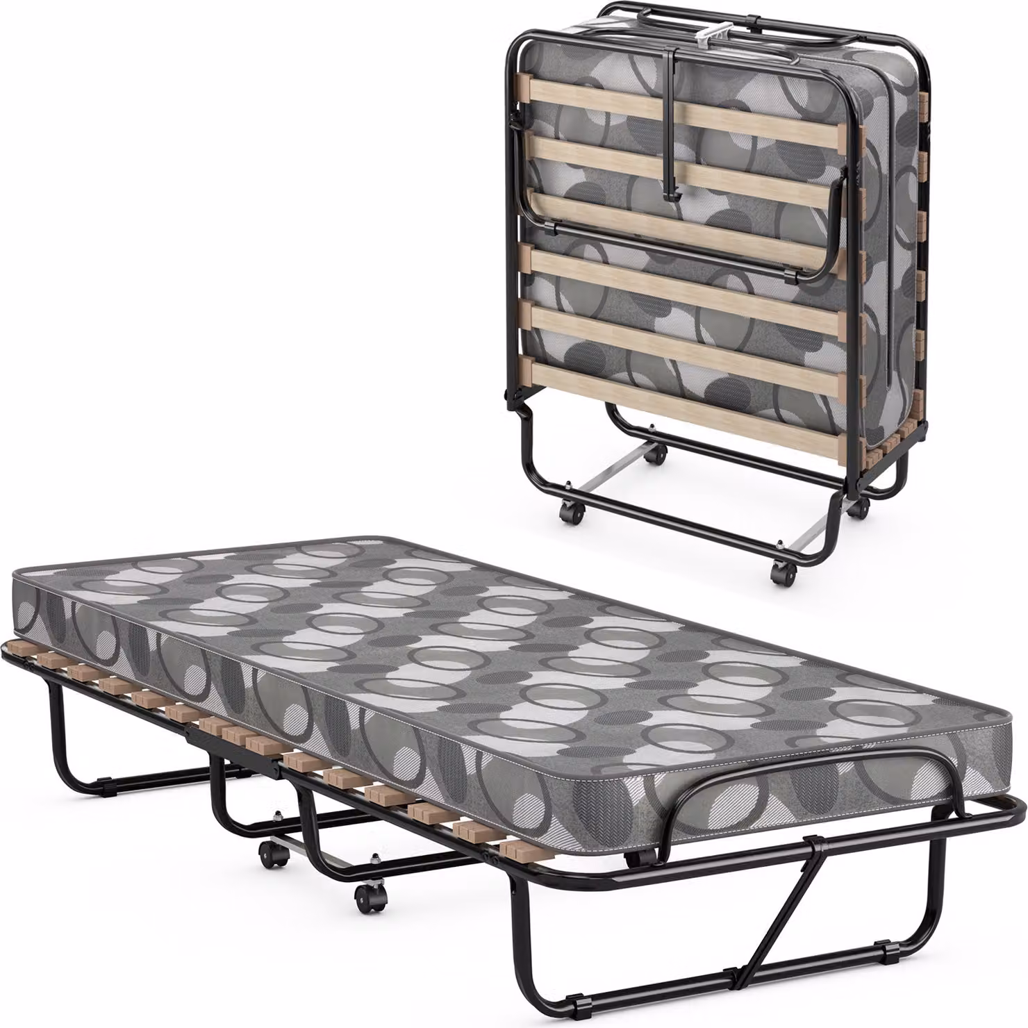 Letto per ospiti COSTWAY 80x190cm con materasso in schiuma, letto singolo pieghevole su ruote, letto in metallo pieghevole letto pieghevole fino a 130kg caricabile grigio