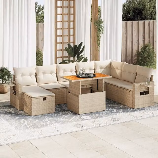 Set Divano da Giardino a L vidaXL in Polyrattan e Legno di Acacia con 9 Pezzi e Cuscini Beige