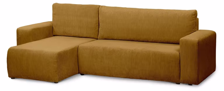 Divano a tre posti con funzione letto, modello Kingi, finitura noce dorato