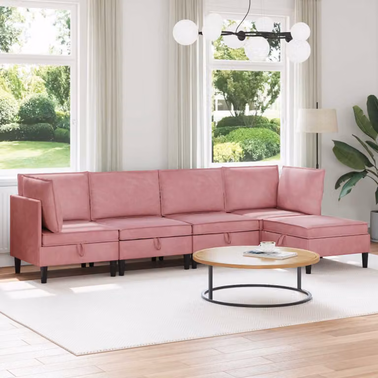 Set di mobili per il soggiorno vidaXL in velluto rosa, divano ad angolo moderno con 5 pezzi e cuscini inclusi