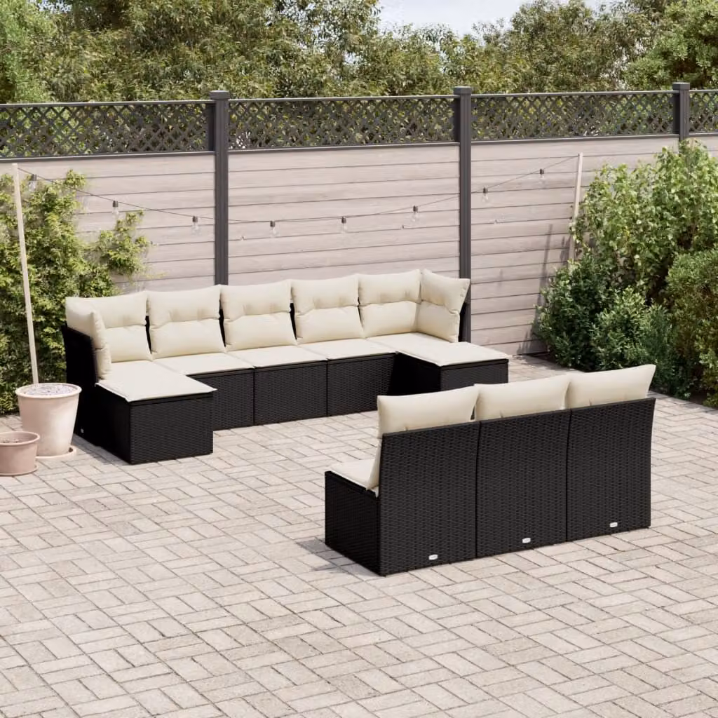 vidaXL Set Divani da Giardino 10 Pezzi con Cuscini in Polyrattan e Struttura in Acciaio Nero e Bianco – 1