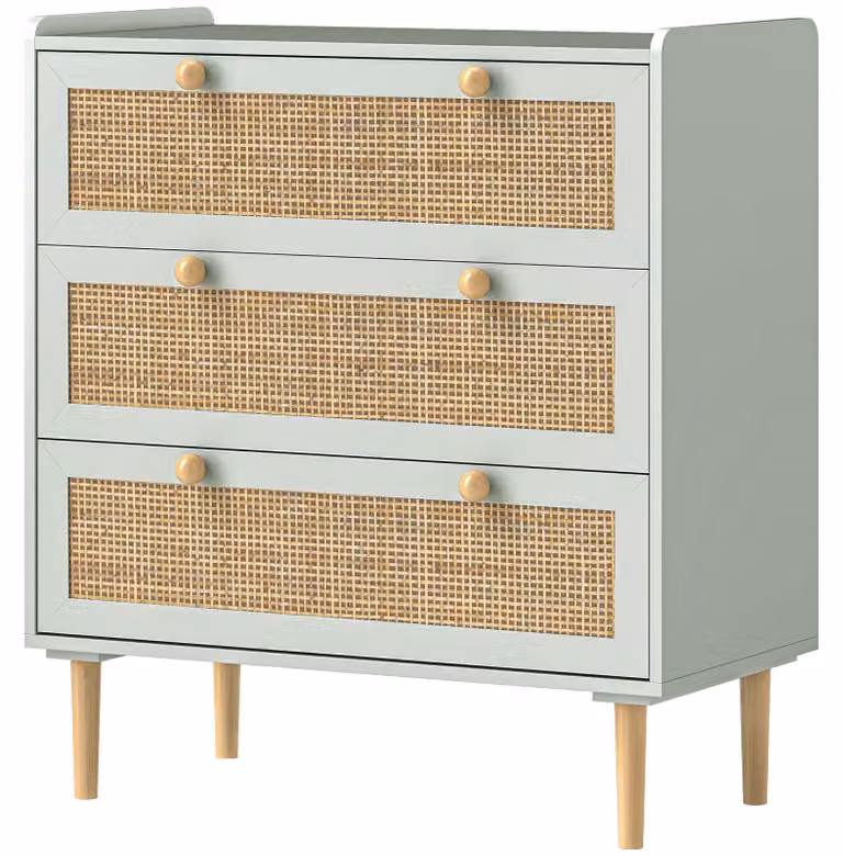 Comodino da camera da letto HOMCOM con 3 cassetti, frontali in rattan, MDF, colore verde
