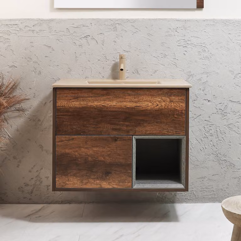 Mobile Bagno Sospeso con Ripiano Aperto in Rovere Scuro da 812mm con Lavabo Beige (Sand) - Hoxton