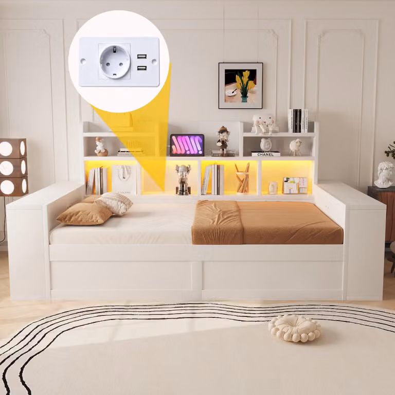 Letto a giorno okwish 90x200 con materasso, luce LED, USB, letto per bambini con spazio contenitore integrato, contenitore sotto il letto, letto multifunzione bianco