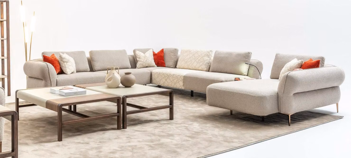 Ecksofa U-Form Beige Luxus Wohnzimmer Modern Polstersofa
