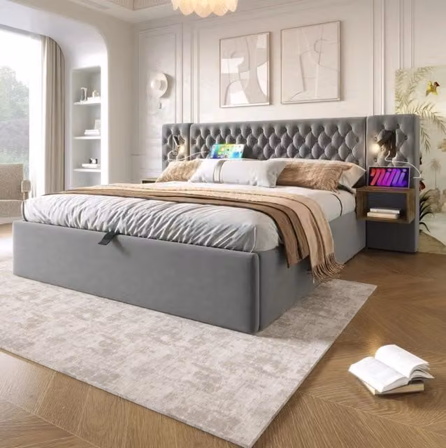 Letto contenitore 180x200 cm con 2 comodini e luci lettura; velluto grigio (Senza materasso)