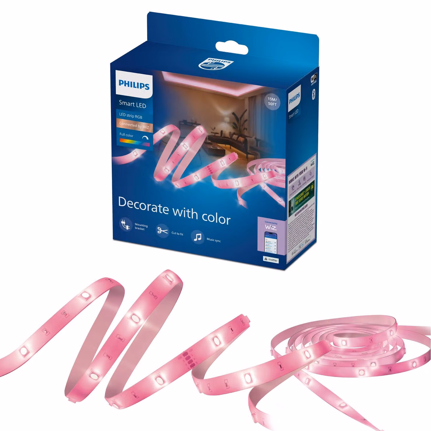 Striscia LED RGB intelligente Philips, 15 metri, tipo C, connessa tramite WiZ, striscia LED intelligente, Wi-Fi/Bluetooth, bianca, Wi-Fi 4 (802.11n), 802.11b, 802.11g, LED, plastica