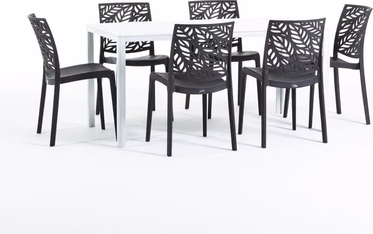Set da pranzo per esterni con tavolo rettangolare 156x78 cm e 6 sedie impilabili in resina rinforzata con fibra di vetro - design moderno in look legno, ideale per giardino, terrazza e aree esterne coperte - THOMAS+DAFNE - antracite/bianco