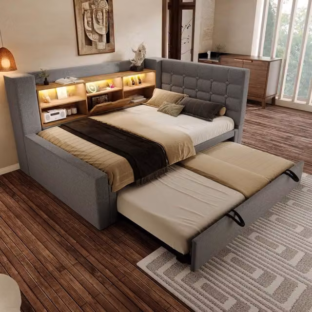 Letto imbottito in lino 90x200 cm con letto estraibile; LED; USB; vani portaoggetti e testiera reversibile grigio