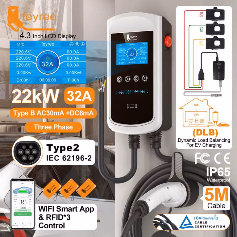 Colonnina di ricarica da 7,6 kW, 32A, monofase - Distribuzione dinamica del carico - Cavo da 5 metri