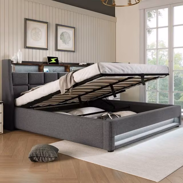 Letto contenitore matrimoniale OKWISH in lino grigio con illuminazione LED, porta USB e ripiano, L/P: 160 x 200 cm