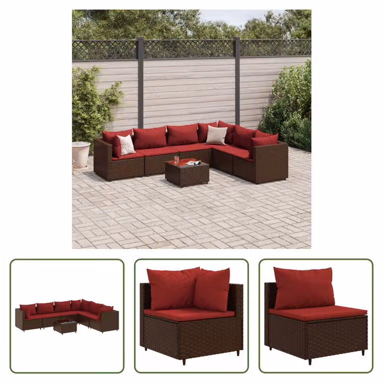 The Living Store Set da salotto da giardino 7 pezzi con cuscini in poly rattan marrone