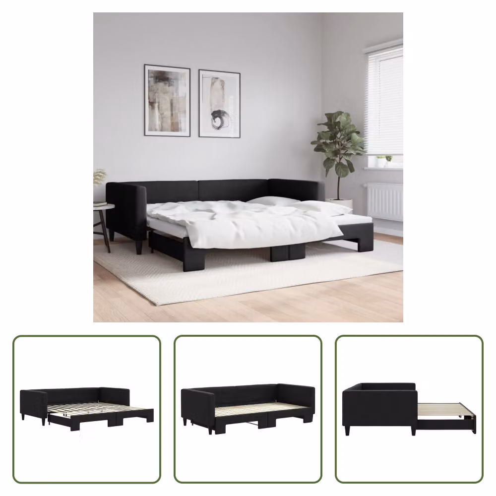 The Living Store letto da giorno allungabile nero 100x200 cm in tessuto