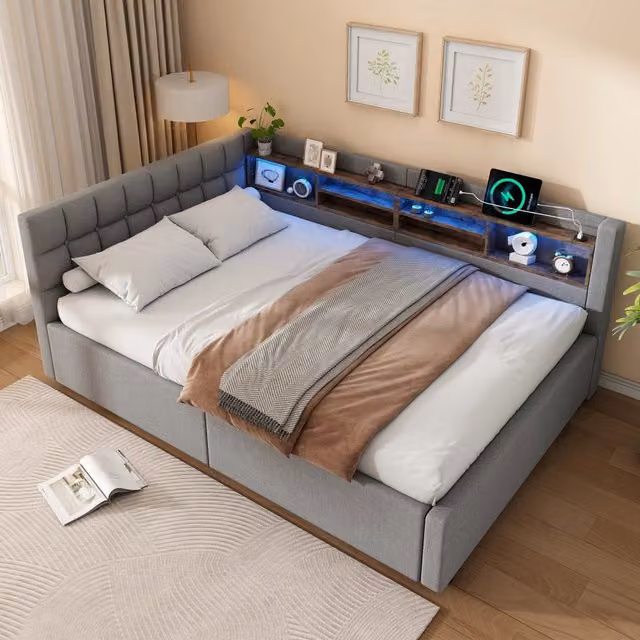 Letto contenitore 140x200 cm con LED dimmerabile; mensole e USB; lino e MDF; beige