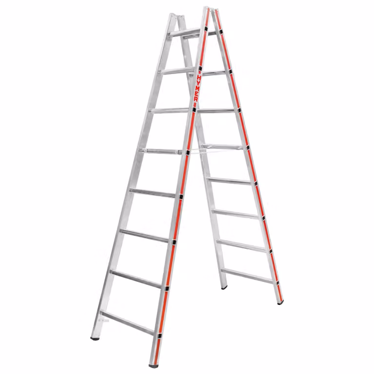 Scala a pioli Hymer, accesso bilaterale, 2x8 pioli, altezza verticale 2,25 m, altezza di sbraccio 3,55 m, peso 8,4 kg