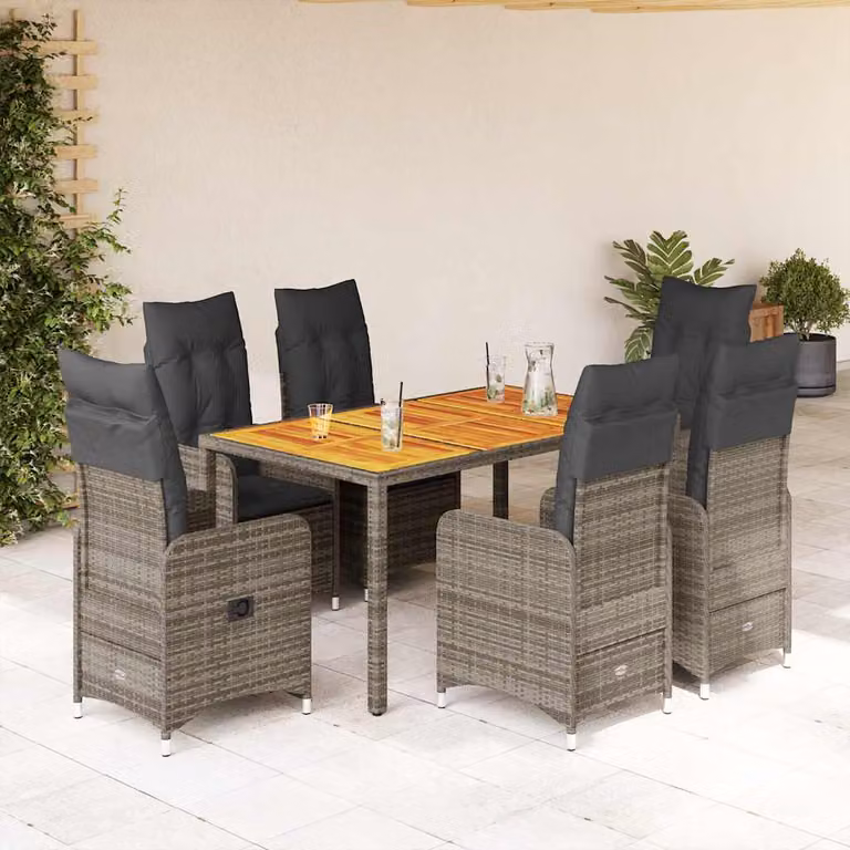 Set Bistrò da Giardino vidaXL in Polyrattan e Legno di Acacia Grigio con 7 Pezzi