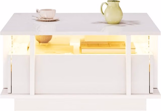 TAVOLINO Quadrato 70x70x35 cm Bianco lucido con 2 cassetti e illuminazione LED