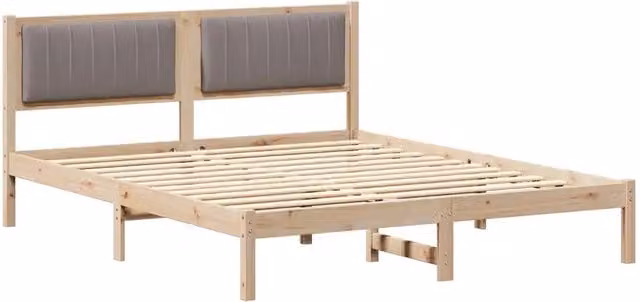 Letto matrimoniale in pino massello con testiera rivestita in tessuto beige L/P: 160 x 200 cm – 1